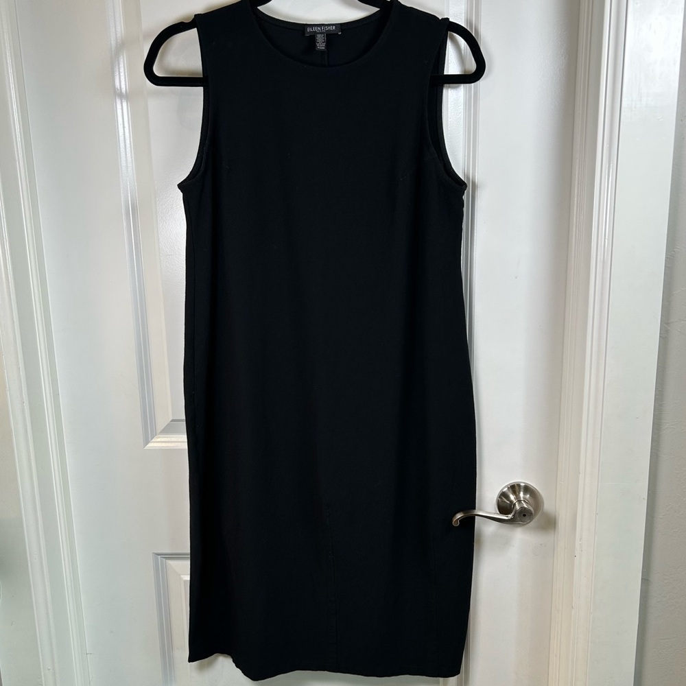EILEEN FISHER Black Stretch Crepe Round-Neck Shift Dress‎  XXS